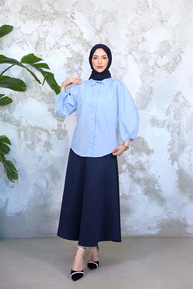 Düğme Detay Gömlek - Mavi