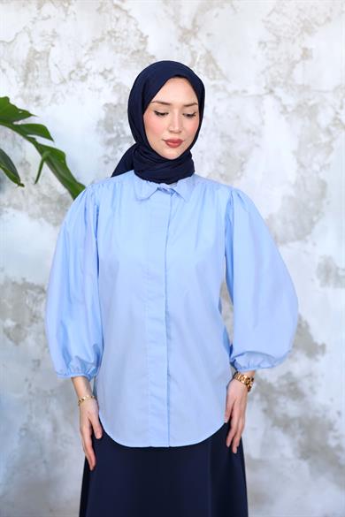Düğme Detay Gömlek - Mavi