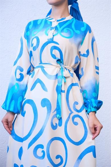 Buttoned Waist Spiral Patterned Dress - Blue