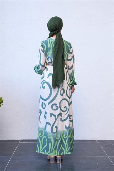 Buttoned Waist Spiral Patterned Dress - Green