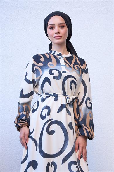 Buttoned Tie Waist Spiral Patterned Dress - Brown