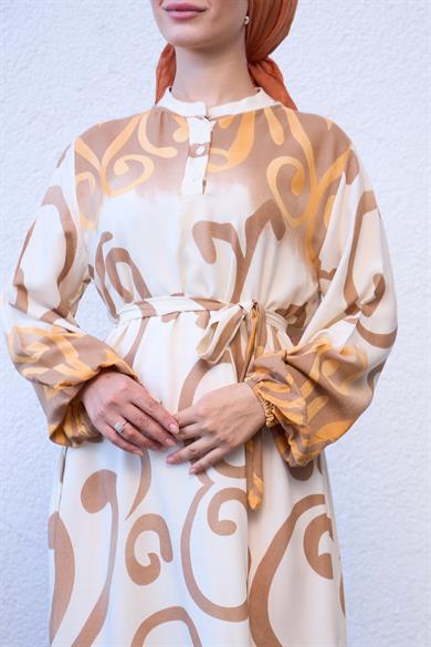 Buttoned Spiral Patterned Dress with Tie Waist - Beige