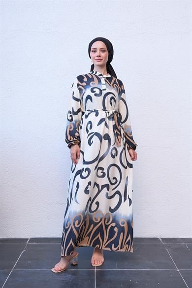 Buttoned Tie Waist Spiral Patterned Dress - Brown