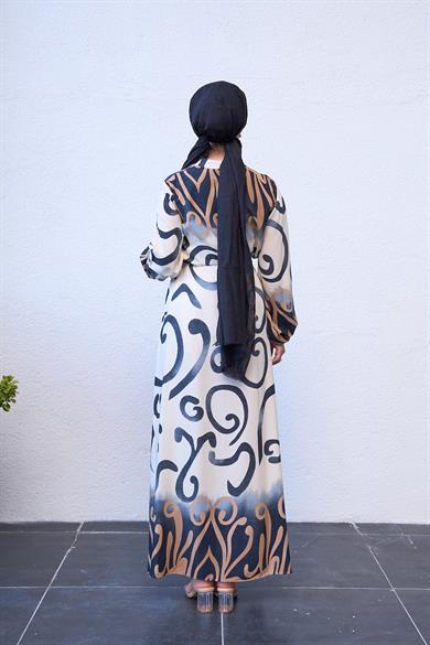 Buttoned Tie Waist Spiral Patterned Dress - Brown