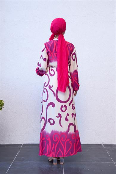 Buttoned Tie Waist Spiral Patterned Dress - Pink