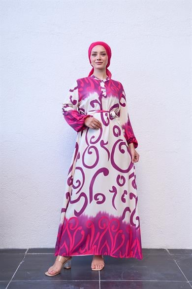 Buttoned Tie Waist Spiral Patterned Dress - Pink