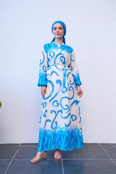 Buttoned Waist Spiral Patterned Dress - Blue