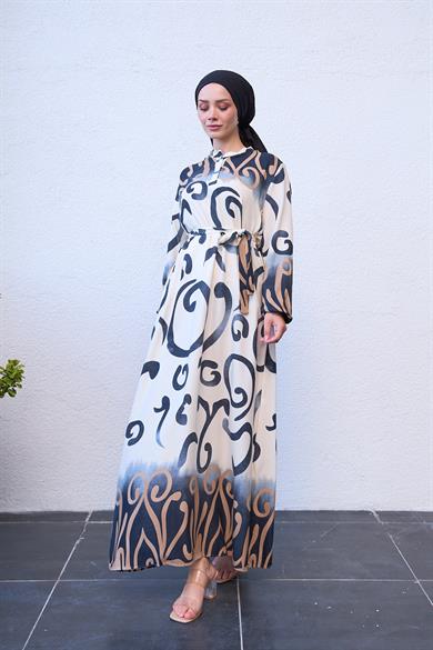 Buttoned Tie Waist Spiral Patterned Dress - Brown