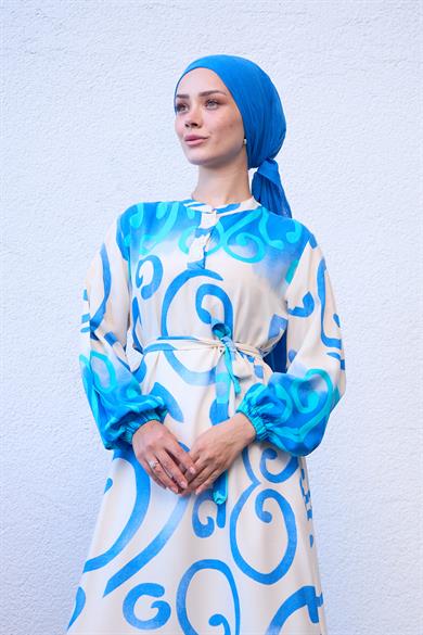 Buttoned Waist Spiral Patterned Dress - Blue