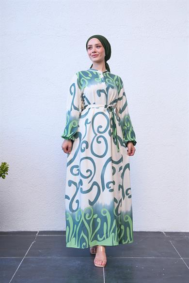 Buttoned Waist Spiral Patterned Dress - Green