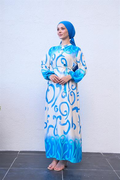 Buttoned Waist Spiral Patterned Dress - Blue