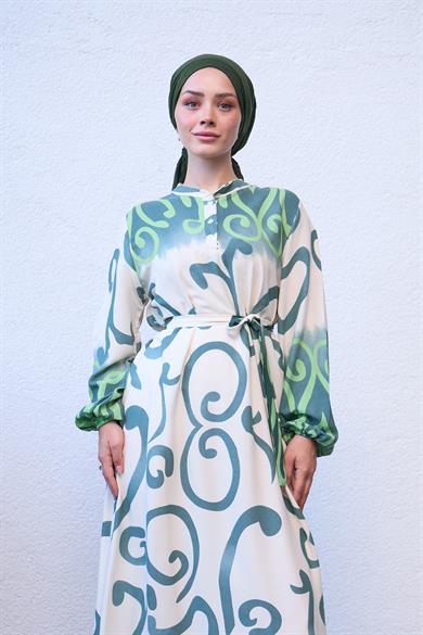 Buttoned Waist Spiral Patterned Dress - Green