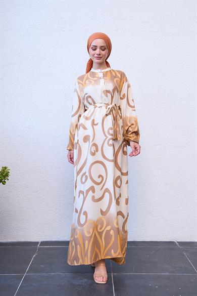 Buttoned Spiral Patterned Dress with Tie Waist - Beige