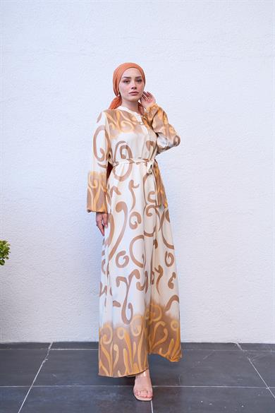 Buttoned Spiral Patterned Dress with Tie Waist - Beige