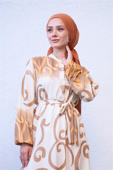 Buttoned Spiral Patterned Dress with Tie Waist - Beige