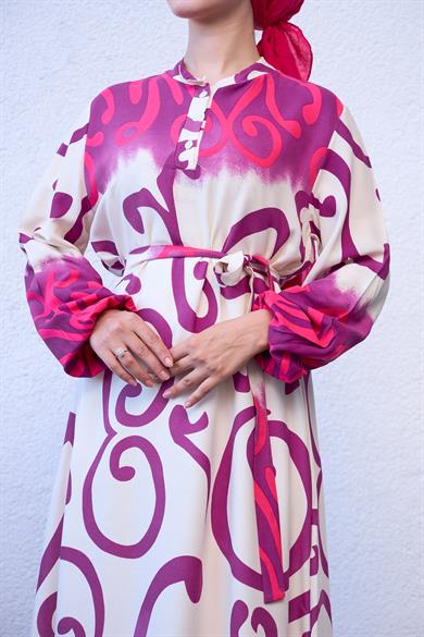 Buttoned Tie Waist Spiral Patterned Dress - Pink