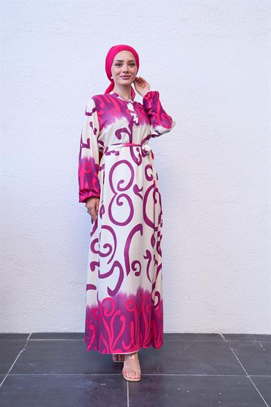 Buttoned Tie Waist Spiral Patterned Dress - Pink