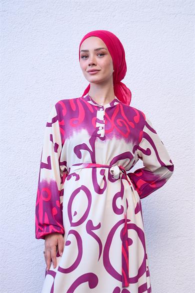 Buttoned Tie Waist Spiral Patterned Dress - Pink