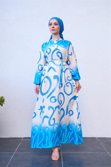 Buttoned Waist Spiral Patterned Dress - Blue