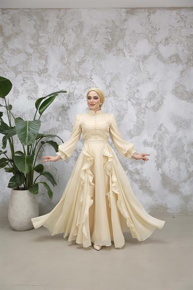 Düğmeli ve Fırfır Detaylı Abiye - Bej