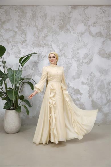 Düğmeli ve Fırfır Detaylı Abiye - Bej