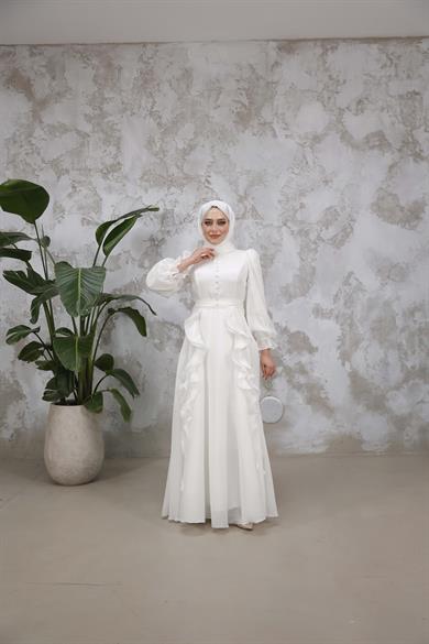 Düğmeli ve Fırfır Detaylı Abiye - Ekru