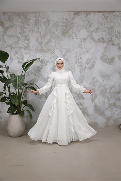 Düğmeli ve Fırfır Detaylı Abiye - Ekru