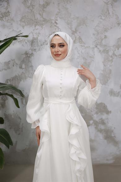 Düğmeli ve Fırfır Detaylı Abiye - Ekru