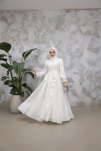 Düğmeli ve Fırfır Detaylı Abiye - Ekru