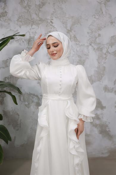 Düğmeli ve Fırfır Detaylı Abiye - Ekru