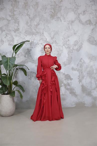 Düğmeli ve Fırfır Detaylı Abiye - Kırmızı