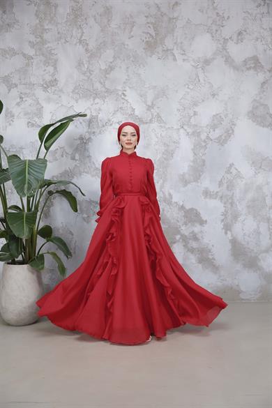 Düğmeli ve Fırfır Detaylı Abiye - Kırmızı