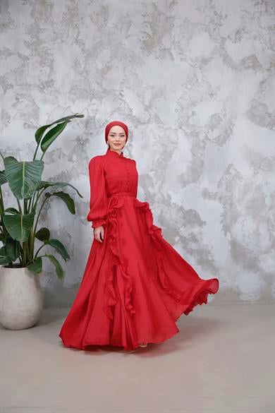 Düğmeli ve Fırfır Detaylı Abiye - Kırmızı