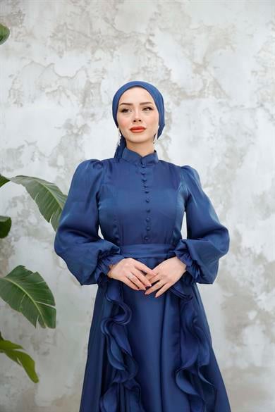 Düğmeli ve Fırfır Detaylı Abiye - Lacivert