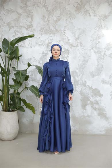 Düğmeli ve Fırfır Detaylı Abiye - Lacivert