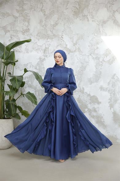 Düğmeli ve Fırfır Detaylı Abiye - Lacivert