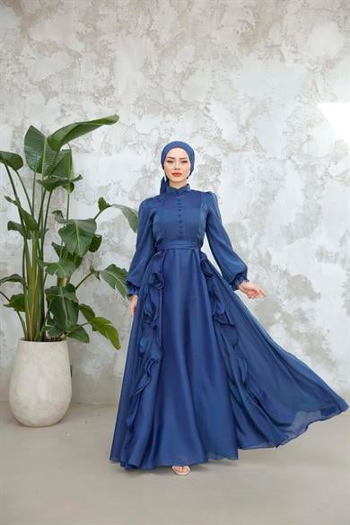 Düğmeli ve Fırfır Detaylı Abiye - Lacivert