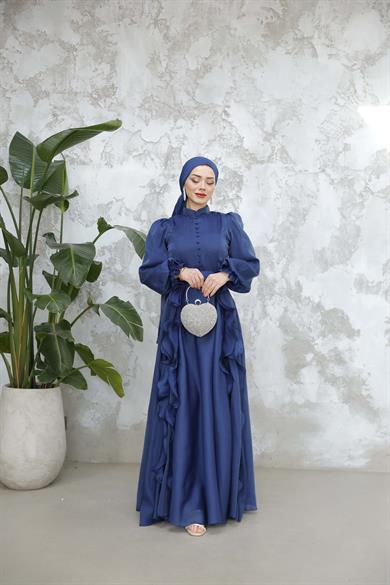 Düğmeli ve Fırfır Detaylı Abiye - Lacivert