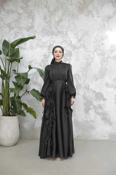 Düğmeli ve Fırfır Detaylı Abiye - Siyah