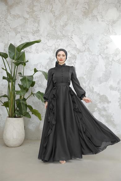 Düğmeli ve Fırfır Detaylı Abiye - Siyah