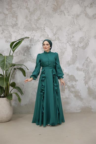 Düğmeli ve Fırfır Detaylı Abiye - Zümrüt Yeşil