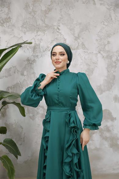 Düğmeli ve Fırfır Detaylı Abiye - Zümrüt Yeşil