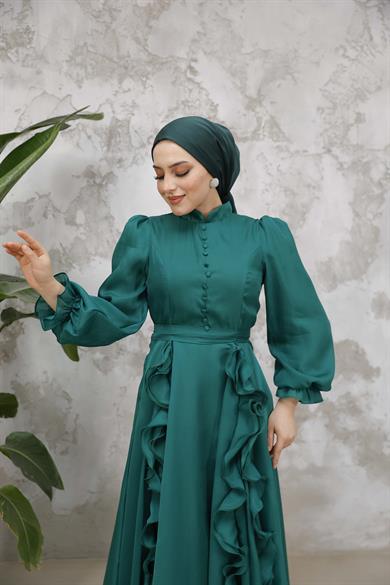 Düğmeli ve Fırfır Detaylı Abiye - Zümrüt Yeşil