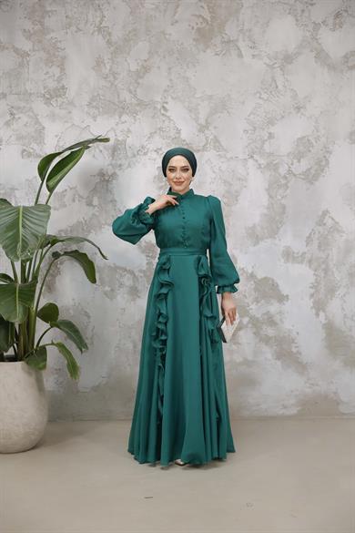 Düğmeli ve Fırfır Detaylı Abiye - Zümrüt Yeşil