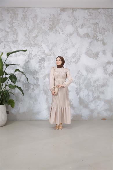 Duygu Pilise Elbise - Bej