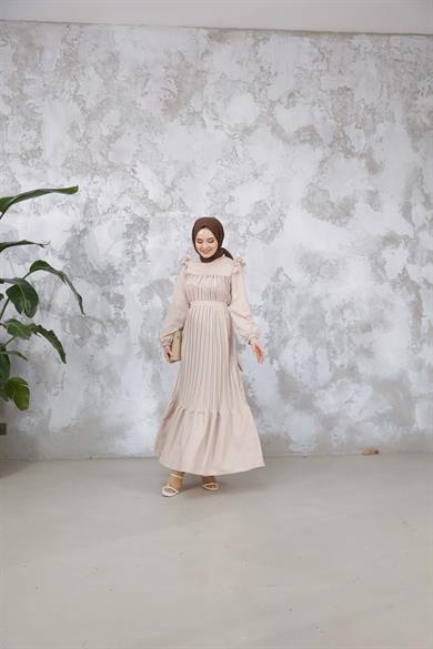 Duygu Pilise Elbise - Bej