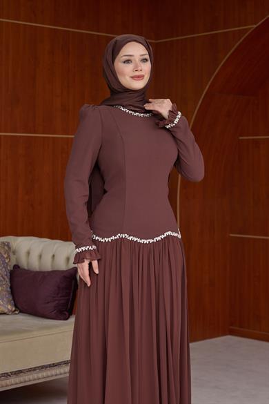 Efulim Taş İşleme ve Plise Abiye - Kahverengi