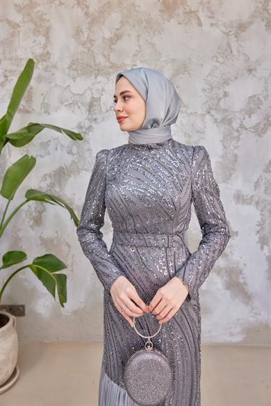 Elisa Taş İşleme Tesettür Abiye - Gri
