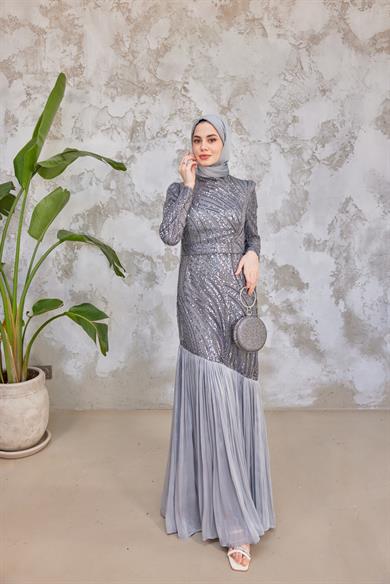 Elisa Taş İşleme Tesettür Abiye - Gri