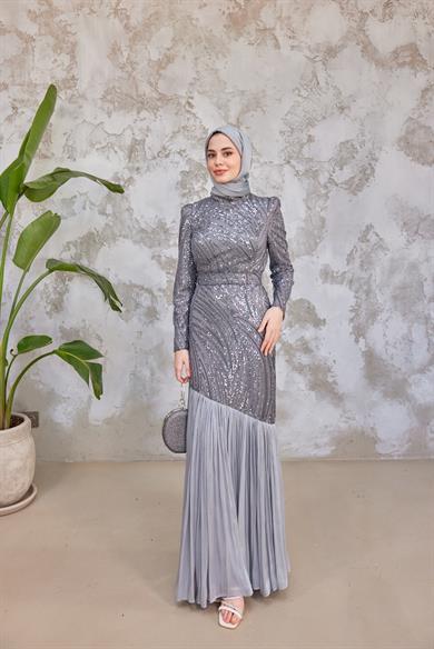 Elisa Taş İşleme Tesettür Abiye - Gri